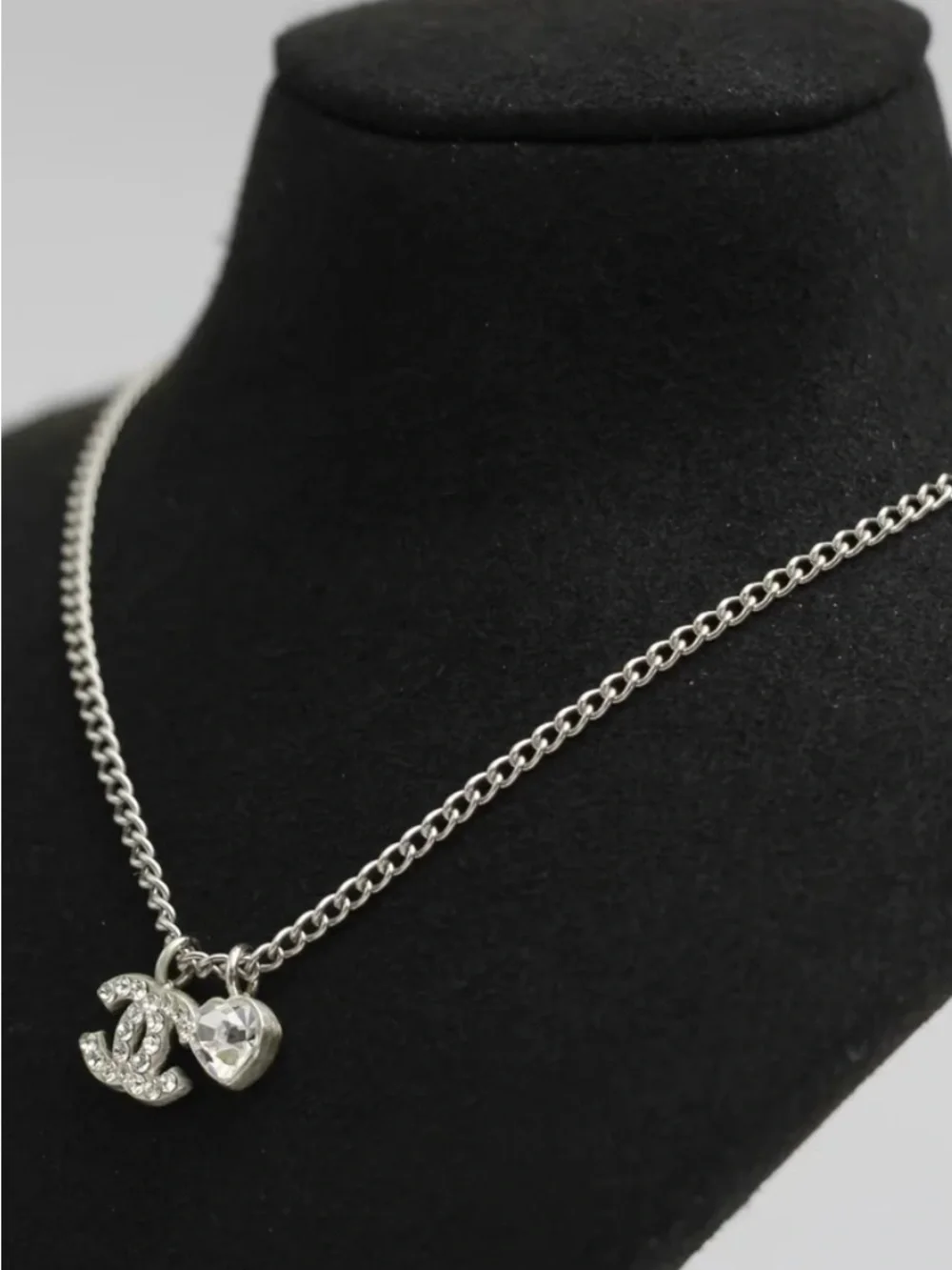 Chanel CC Rhinestone Charm Necklace with Heart Pendant